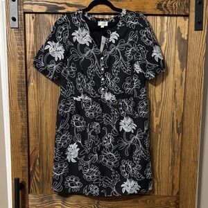LOFT Black Top with White Floral Stitching